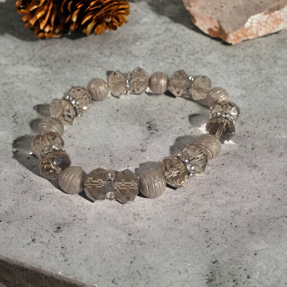 Rhinestone Glass Rondelle Metal Bead Stretch Bracelet 7" Fashion Costume Jewelry